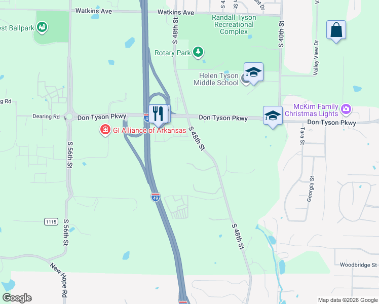 map of restaurants, bars, coffee shops, grocery stores, and more near Jennifer Terrace in Springdale