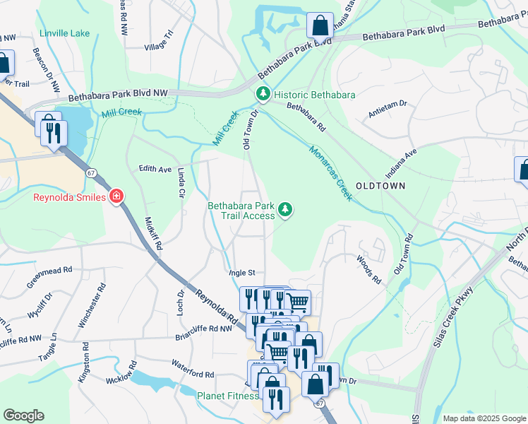 map of restaurants, bars, coffee shops, grocery stores, and more near 4502 Old Town Drive in Winston-Salem