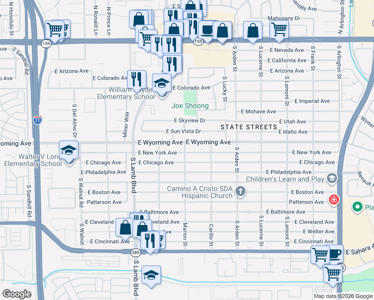 map of restaurants, bars, coffee shops, grocery stores, and more near 4410 East New York Avenue in Las Vegas