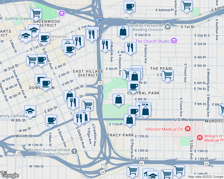 map of restaurants, bars, coffee shops, grocery stores, and more near 1021 East 7th Street in Tulsa