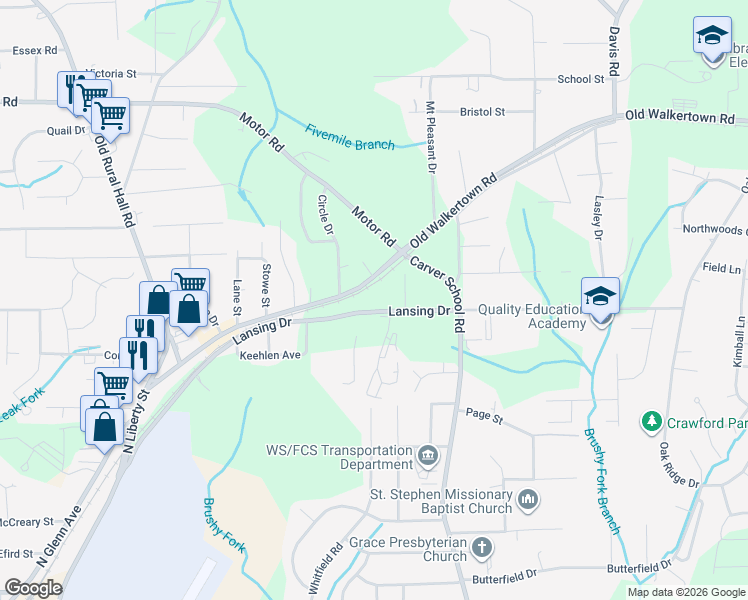 map of restaurants, bars, coffee shops, grocery stores, and more near 4808 Lansing Drive in Winston-Salem