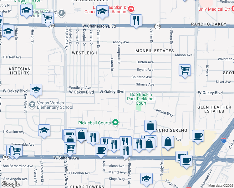 map of restaurants, bars, coffee shops, grocery stores, and more near 3101 West Oakey Boulevard in Las Vegas