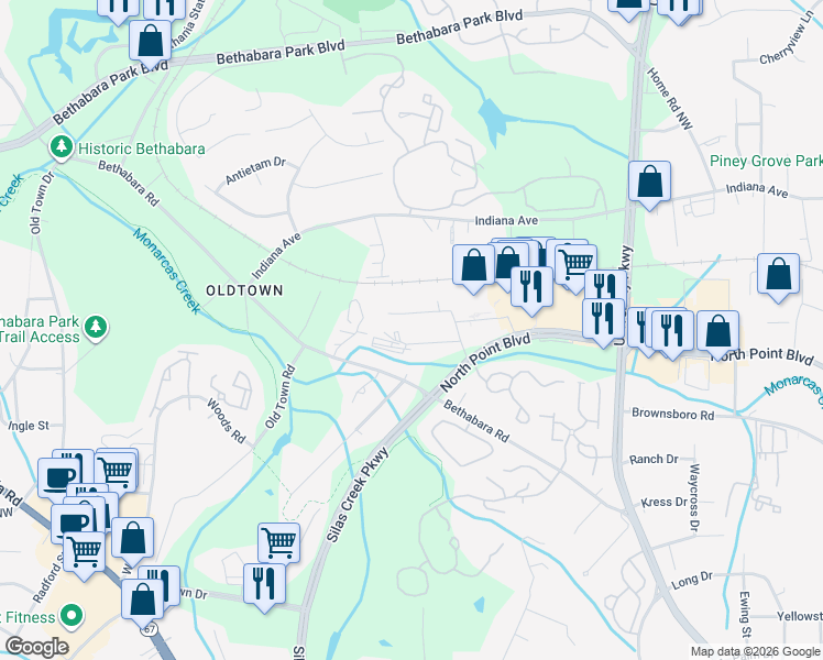 map of restaurants, bars, coffee shops, grocery stores, and more near 7630 Northpoint Court in Winston-Salem