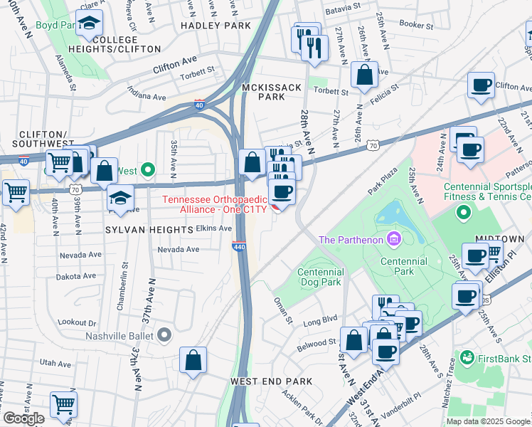 map of restaurants, bars, coffee shops, grocery stores, and more near 329 28th Avenue North in Nashville