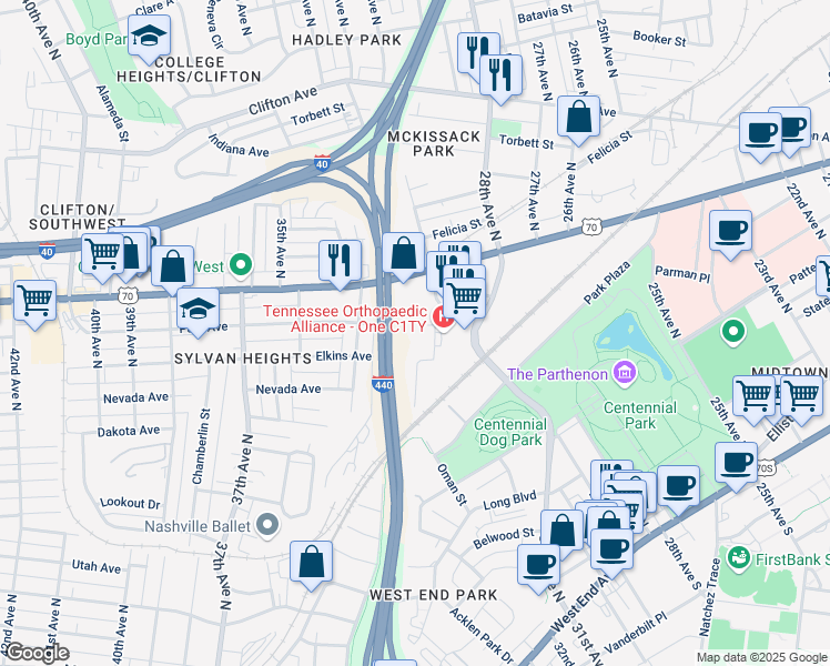 map of restaurants, bars, coffee shops, grocery stores, and more near 3025 Charlotte Avenue in Nashville
