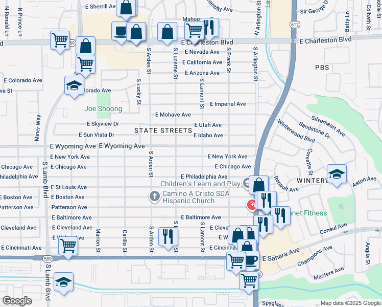 map of restaurants, bars, coffee shops, grocery stores, and more near 4760 E New York Ave in Las Vegas