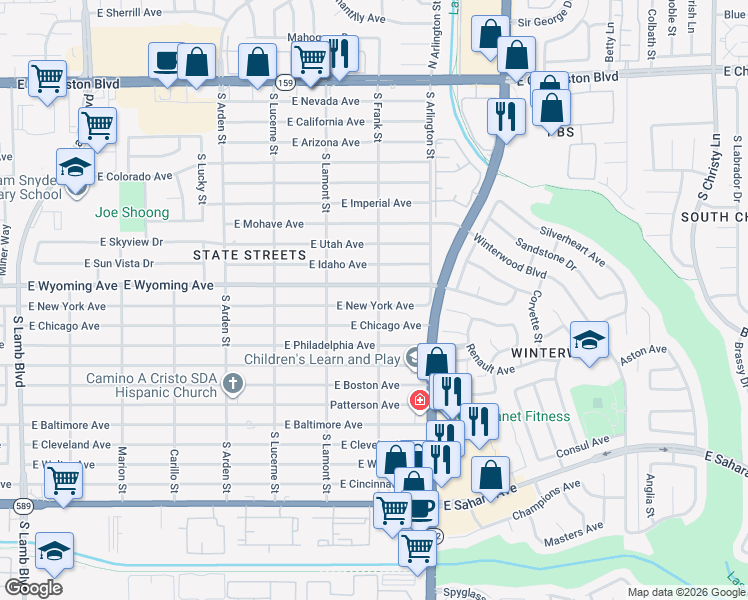 map of restaurants, bars, coffee shops, grocery stores, and more near 4890 E New York Ave in Las Vegas