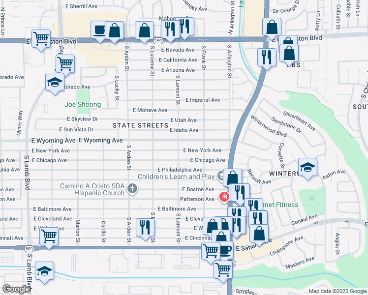 map of restaurants, bars, coffee shops, grocery stores, and more near 4815 East Wyoming Avenue in Las Vegas