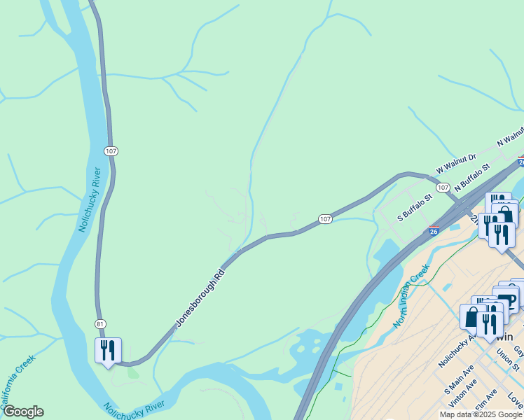 map of restaurants, bars, coffee shops, grocery stores, and more near 501 Huskins Cir in Erwin