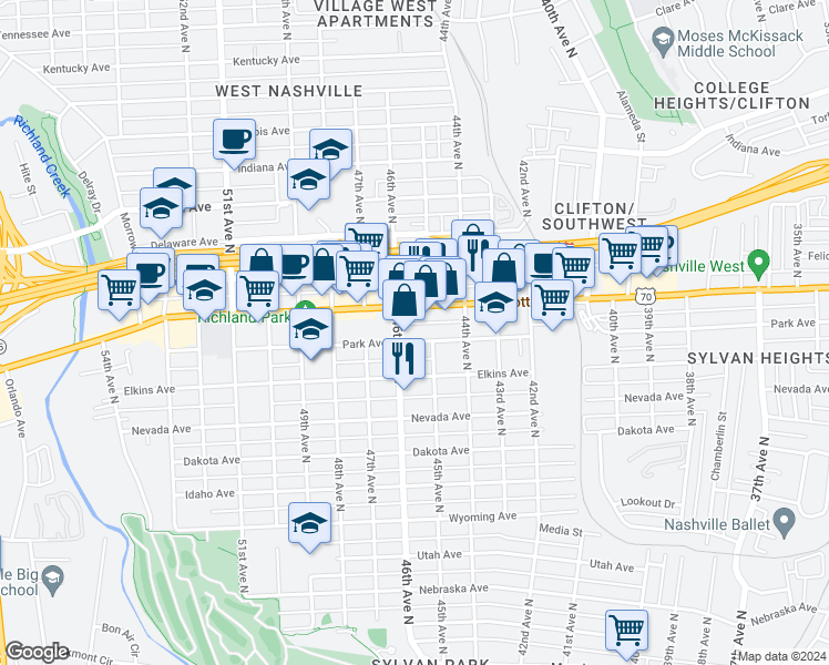 map of restaurants, bars, coffee shops, grocery stores, and more near 4508 Park Avenue in Nashville