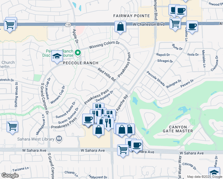 map of restaurants, bars, coffee shops, grocery stores, and more near 1721 Derbyshire Drive in Las Vegas