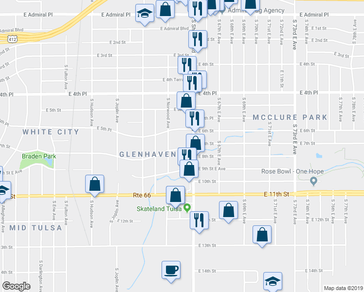 map of restaurants, bars, coffee shops, grocery stores, and more near 6327 East 7th Street in Tulsa