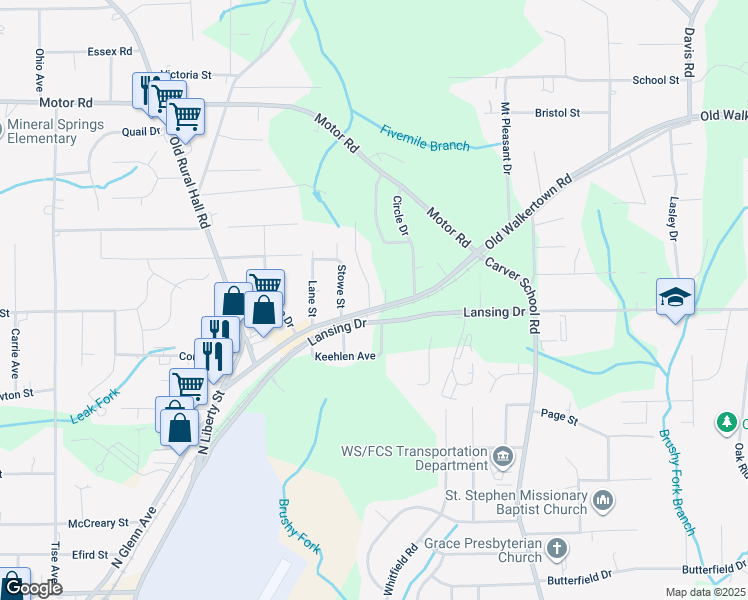 map of restaurants, bars, coffee shops, grocery stores, and more near 4502 Old Walkertown Road in Winston-Salem