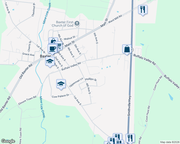 map of restaurants, bars, coffee shops, grocery stores, and more near 350 5th Avenue South in Baxter