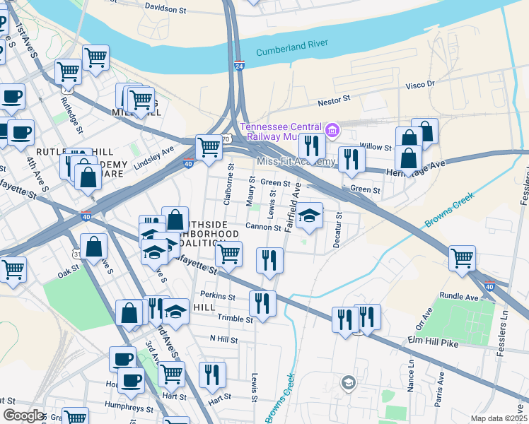 map of restaurants, bars, coffee shops, grocery stores, and more near 94 Lewis Street in Nashville