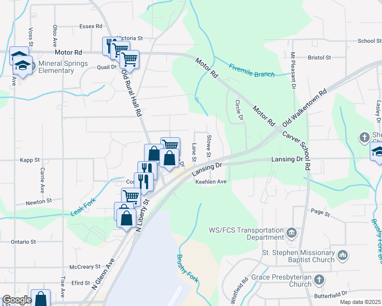 map of restaurants, bars, coffee shops, grocery stores, and more near 4424 Lane Street in Winston-Salem