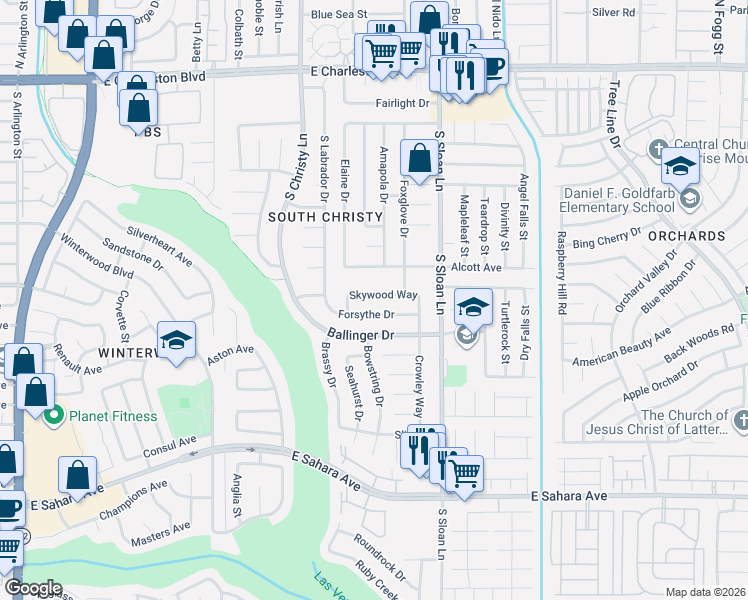 map of restaurants, bars, coffee shops, grocery stores, and more near 5691 Odessa Drive in Las Vegas