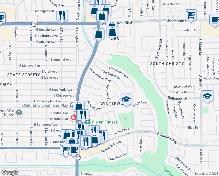 map of restaurants, bars, coffee shops, grocery stores, and more near 1870 Corvette Street in Las Vegas