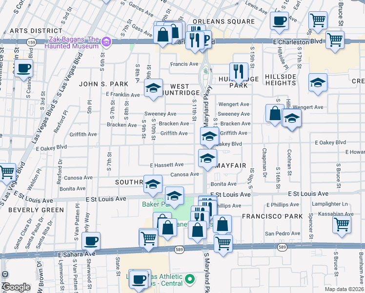 map of restaurants, bars, coffee shops, grocery stores, and more near 1070 East Oakey Boulevard in Las Vegas