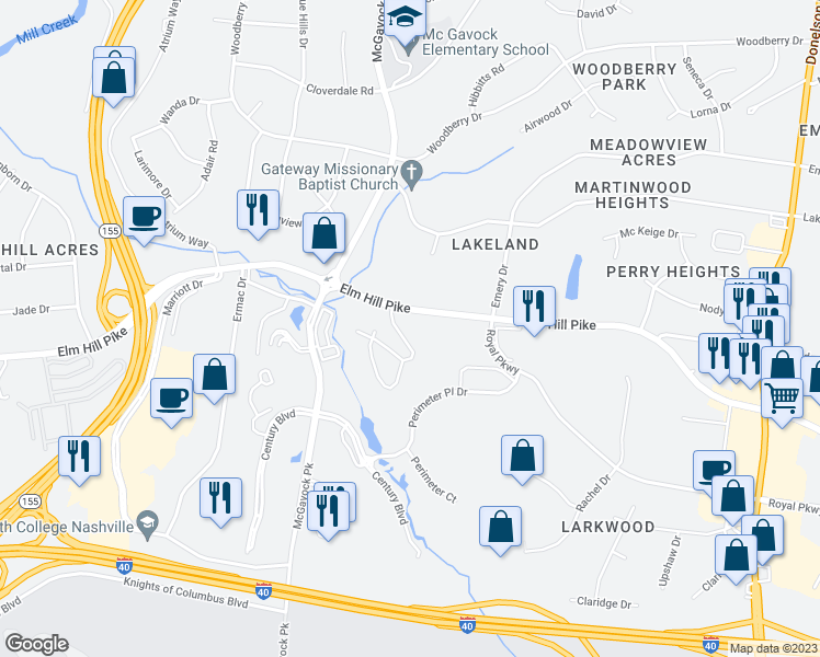 map of restaurants, bars, coffee shops, grocery stores, and more near 717 Airways Circle in Nashville