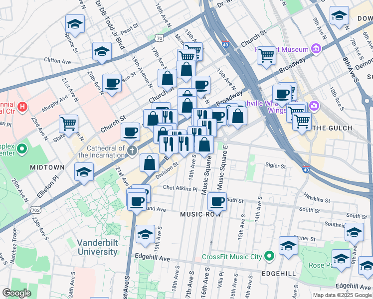 map of restaurants, bars, coffee shops, grocery stores, and more near 1800 Division Street in Nashville