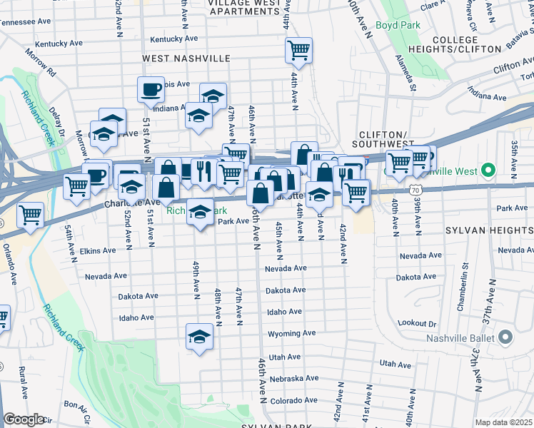 map of restaurants, bars, coffee shops, grocery stores, and more near 4414 Park Avenue in Nashville