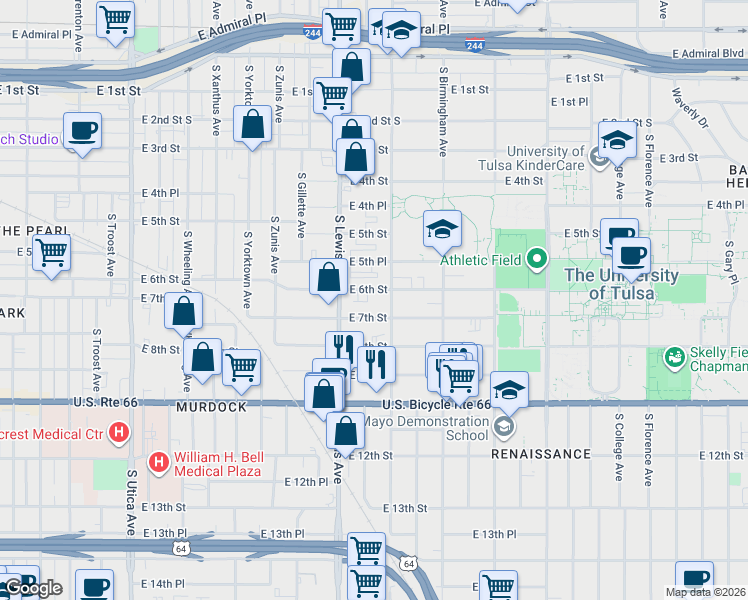 map of restaurants, bars, coffee shops, grocery stores, and more near 2440 East 6th Street in Tulsa