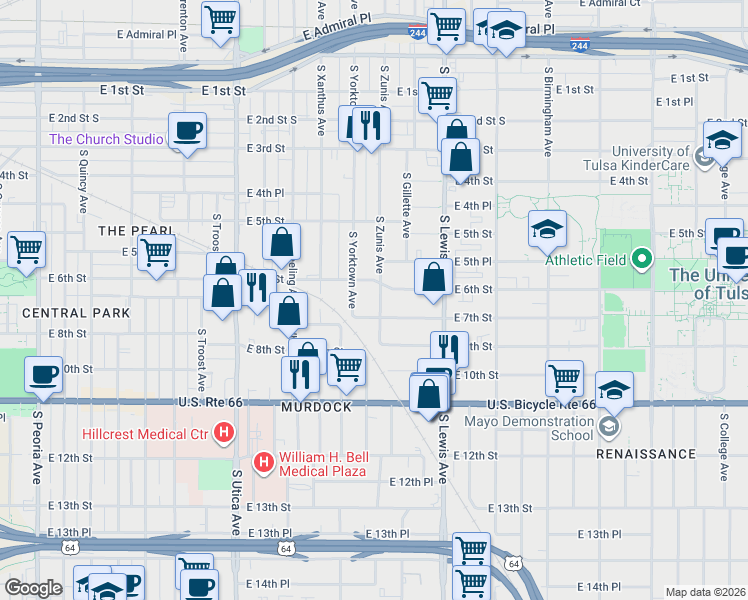 map of restaurants, bars, coffee shops, grocery stores, and more near 616 South Zunis Avenue in Tulsa