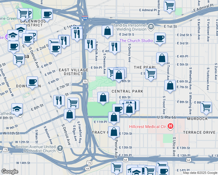 map of restaurants, bars, coffee shops, grocery stores, and more near in Tulsa