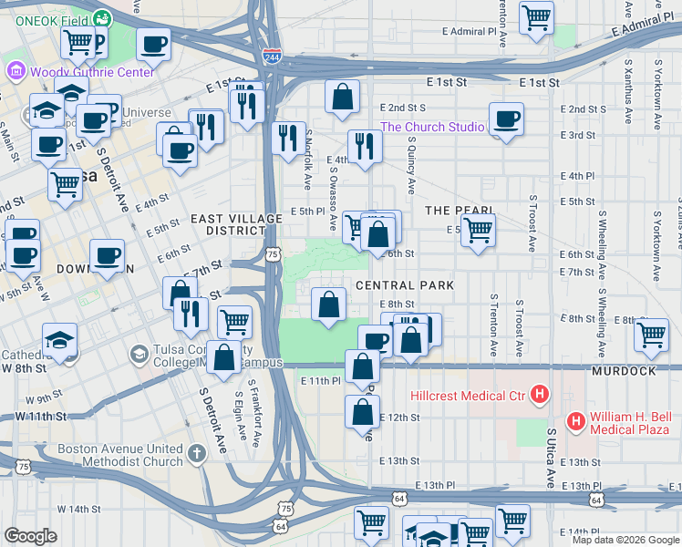 map of restaurants, bars, coffee shops, grocery stores, and more near 1121 East 7th Street in Tulsa