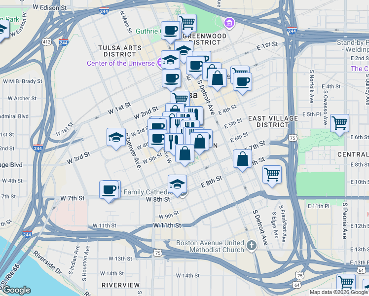 map of restaurants, bars, coffee shops, grocery stores, and more near 6 East 5th Street in Tulsa