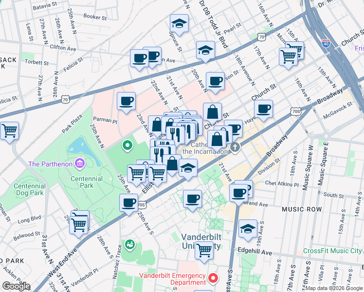 map of restaurants, bars, coffee shops, grocery stores, and more near 207 Louise Avenue in Nashville