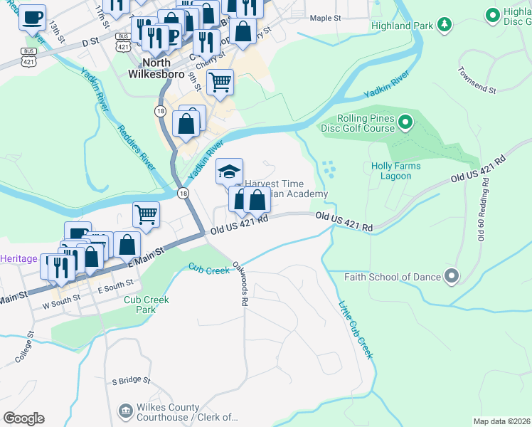 map of restaurants, bars, coffee shops, grocery stores, and more near 602 East Main Street in Wilkesboro