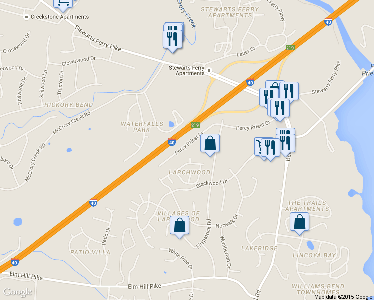 map of restaurants, bars, coffee shops, grocery stores, and more near 3335 Percy Priest Dr in Nashville