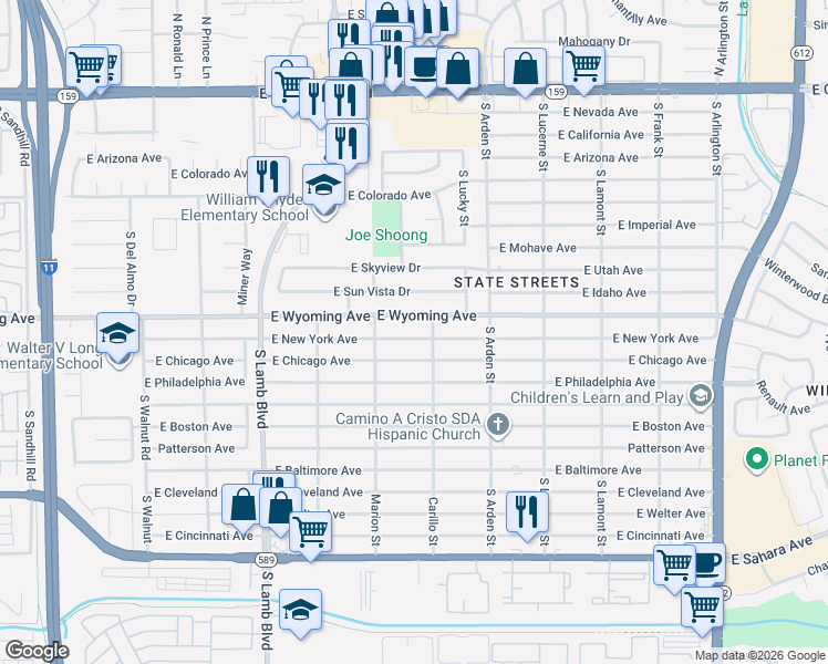 map of restaurants, bars, coffee shops, grocery stores, and more near 4474 East New York Avenue in Las Vegas