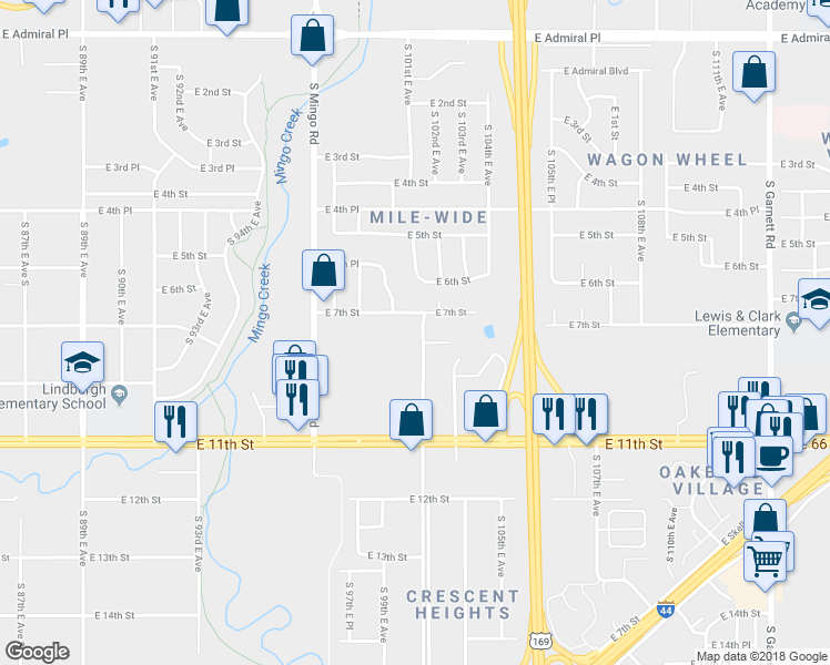 map of restaurants, bars, coffee shops, grocery stores, and more near 706 South 101st East Avenue in Tulsa