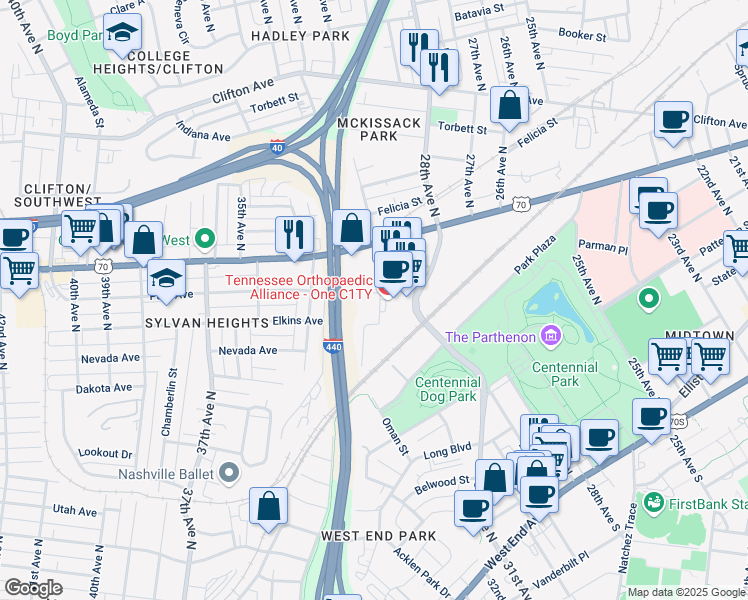 map of restaurants, bars, coffee shops, grocery stores, and more near 2 City Place in Nashville