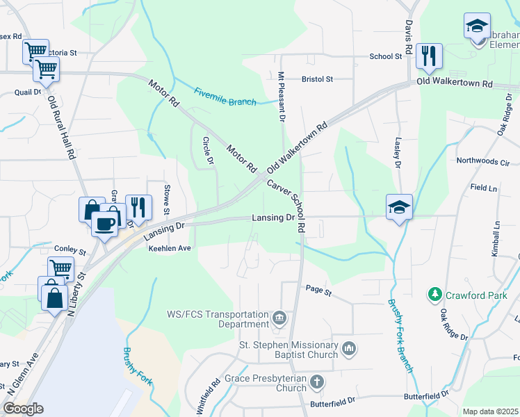 map of restaurants, bars, coffee shops, grocery stores, and more near Jerry Street in Winston-Salem