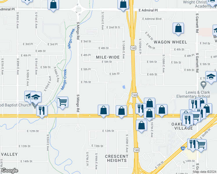 map of restaurants, bars, coffee shops, grocery stores, and more near 701 South 101st East Avenue in Tulsa