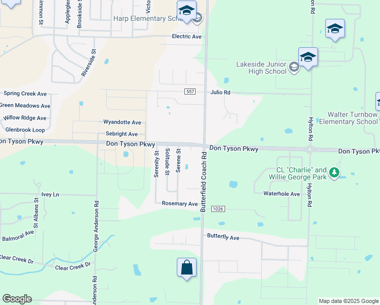 map of restaurants, bars, coffee shops, grocery stores, and more near 3653 Serene Street in Springdale