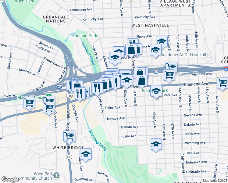 map of restaurants, bars, coffee shops, grocery stores, and more near 5303 Charlotte Avenue in Nashville