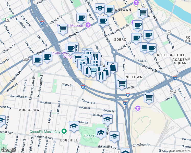 map of restaurants, bars, coffee shops, grocery stores, and more near 609 Overton Street in Nashville