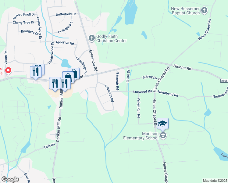 map of restaurants, bars, coffee shops, grocery stores, and more near 4602 Luewood Road in Greensboro
