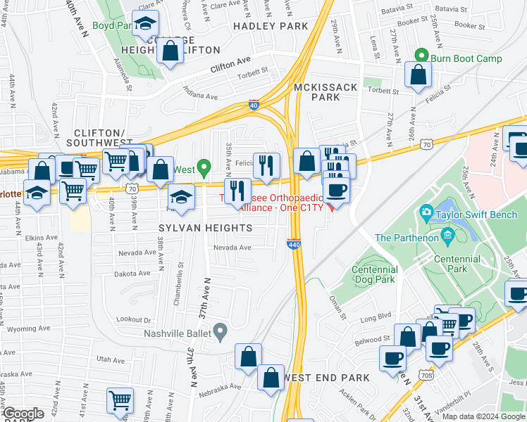 map of restaurants, bars, coffee shops, grocery stores, and more near 3313 Park Avenue in Nashville