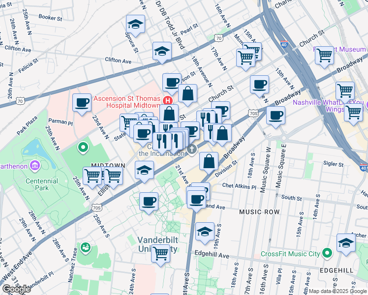 map of restaurants, bars, coffee shops, grocery stores, and more near 2010 West End Avenue in Nashville