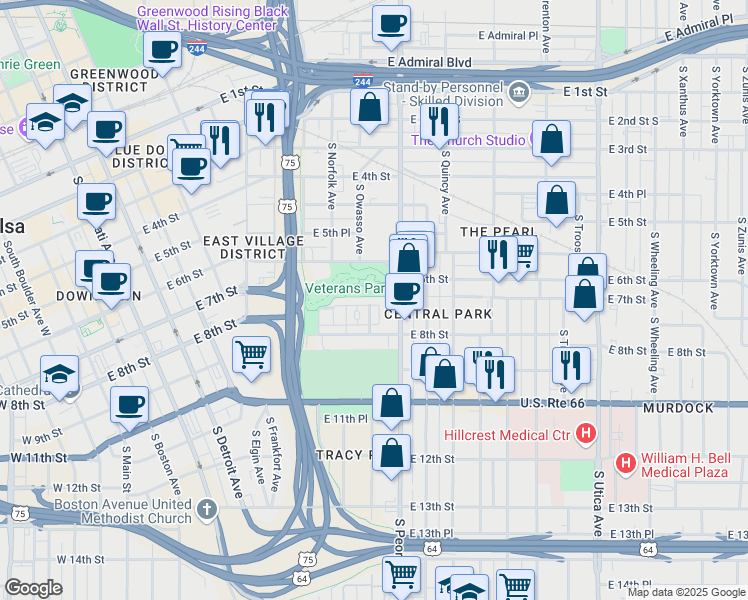 map of restaurants, bars, coffee shops, grocery stores, and more near 1211 East 7th Street in Tulsa