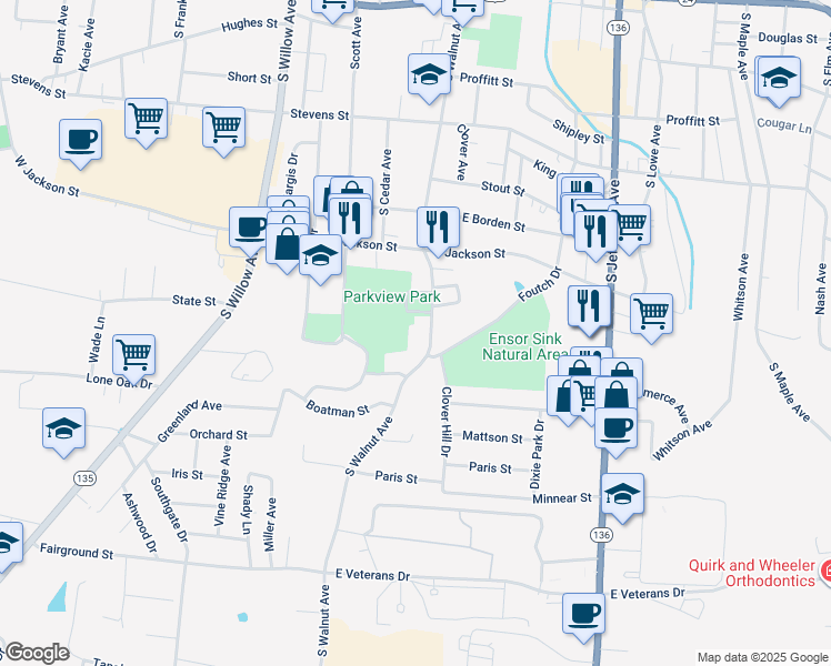 map of restaurants, bars, coffee shops, grocery stores, and more near 539 South Walnut Avenue in Cookeville
