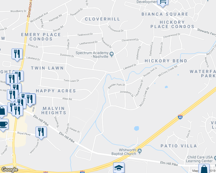 map of restaurants, bars, coffee shops, grocery stores, and more near 3040 Boulder Park Drive in Nashville