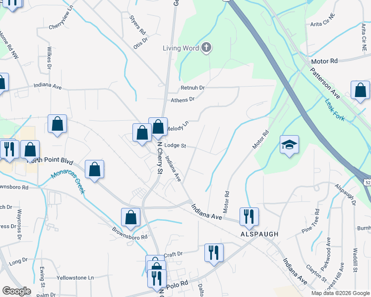 map of restaurants, bars, coffee shops, grocery stores, and more near 132 Lodge Street in Winston-Salem