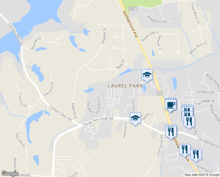 map of restaurants, bars, coffee shops, grocery stores, and more near 4609 Adonica Lane in Greensboro